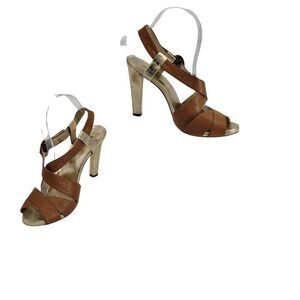 Michael Kors Leather Strappy  Heeled Open Toe Heeled Sandals Brown Gold Sz 8.5